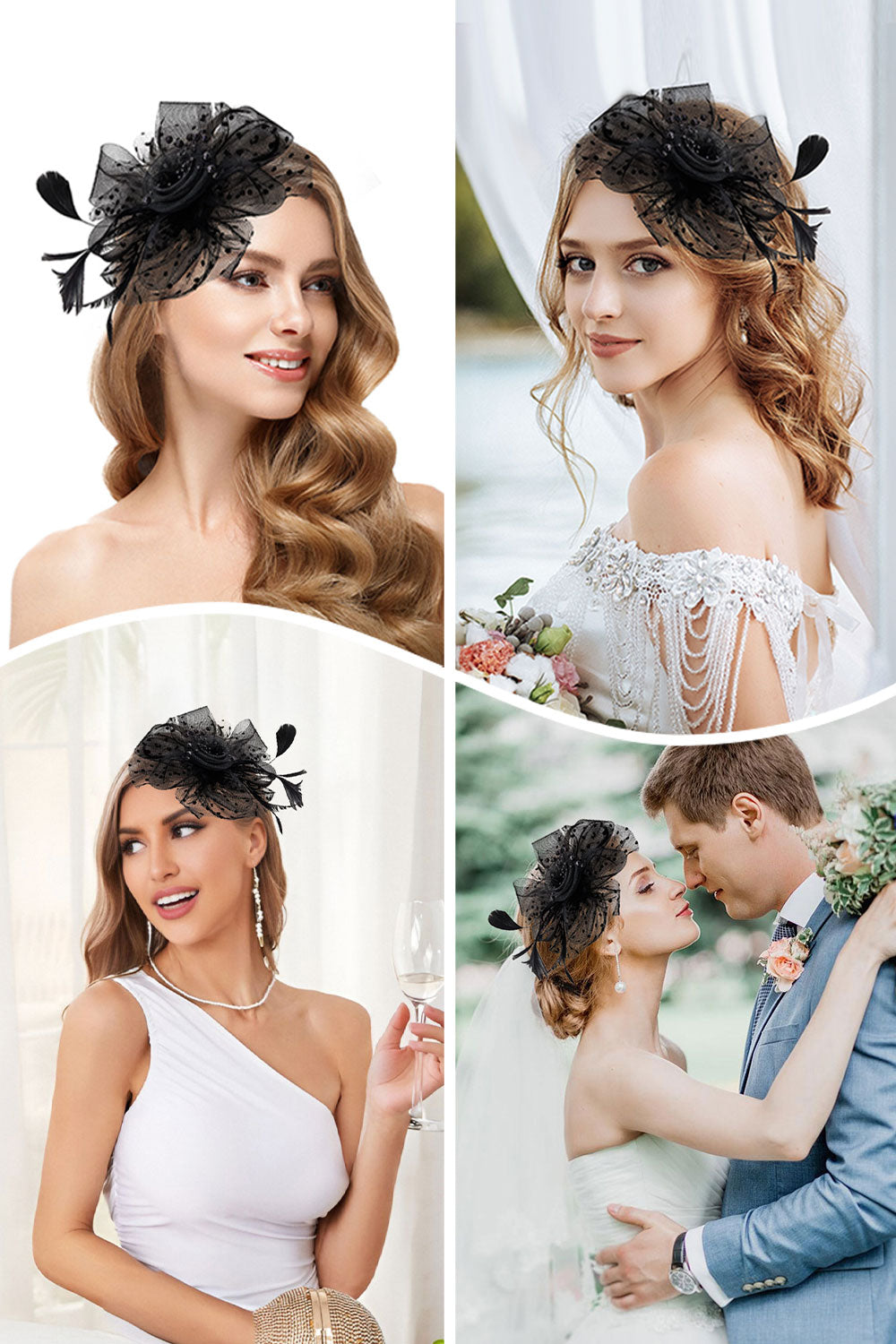 Dual - use Headband & Barrette with Netting, Flower and Feather Designs