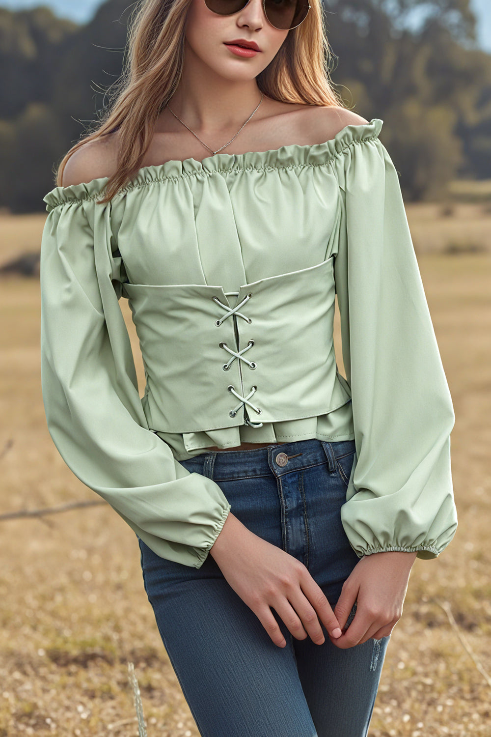 Long-sleeved Off-the-shoulder Blouse with a Cinched Waist and Short Length