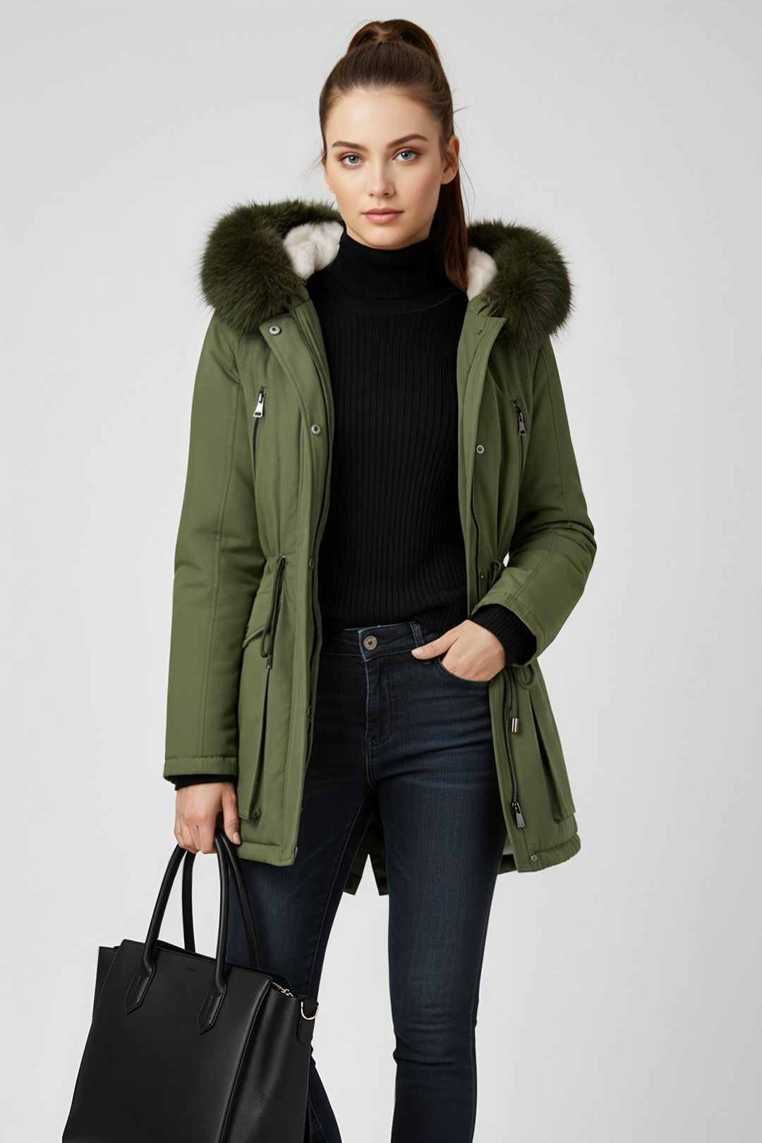 Versatile minimalist puffer coat with hood and fur collar