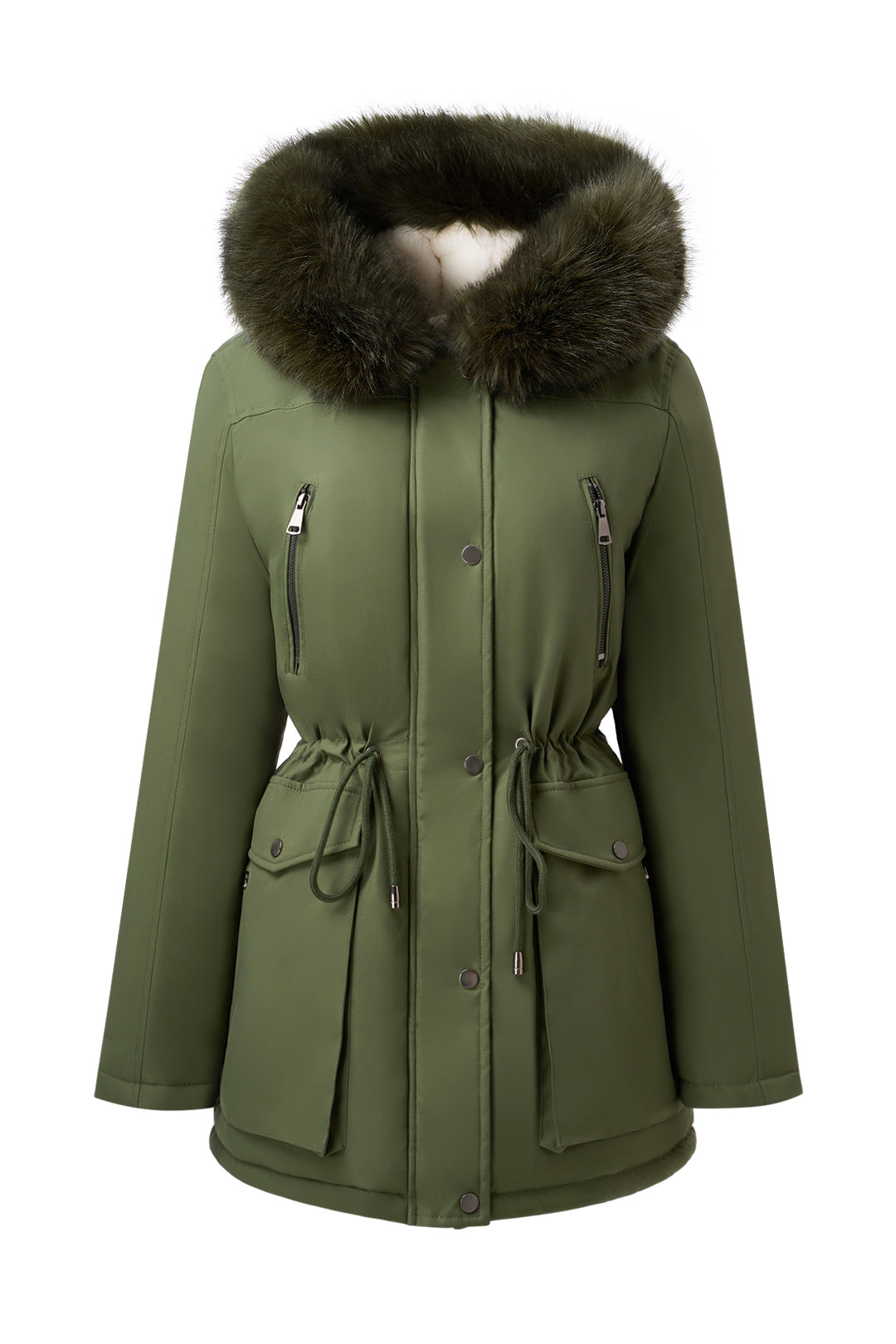 Versatile minimalist puffer coat with hood and fur collar