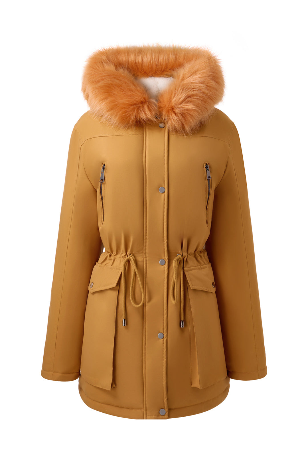 Versatile minimalist puffer coat with hood and fur collar