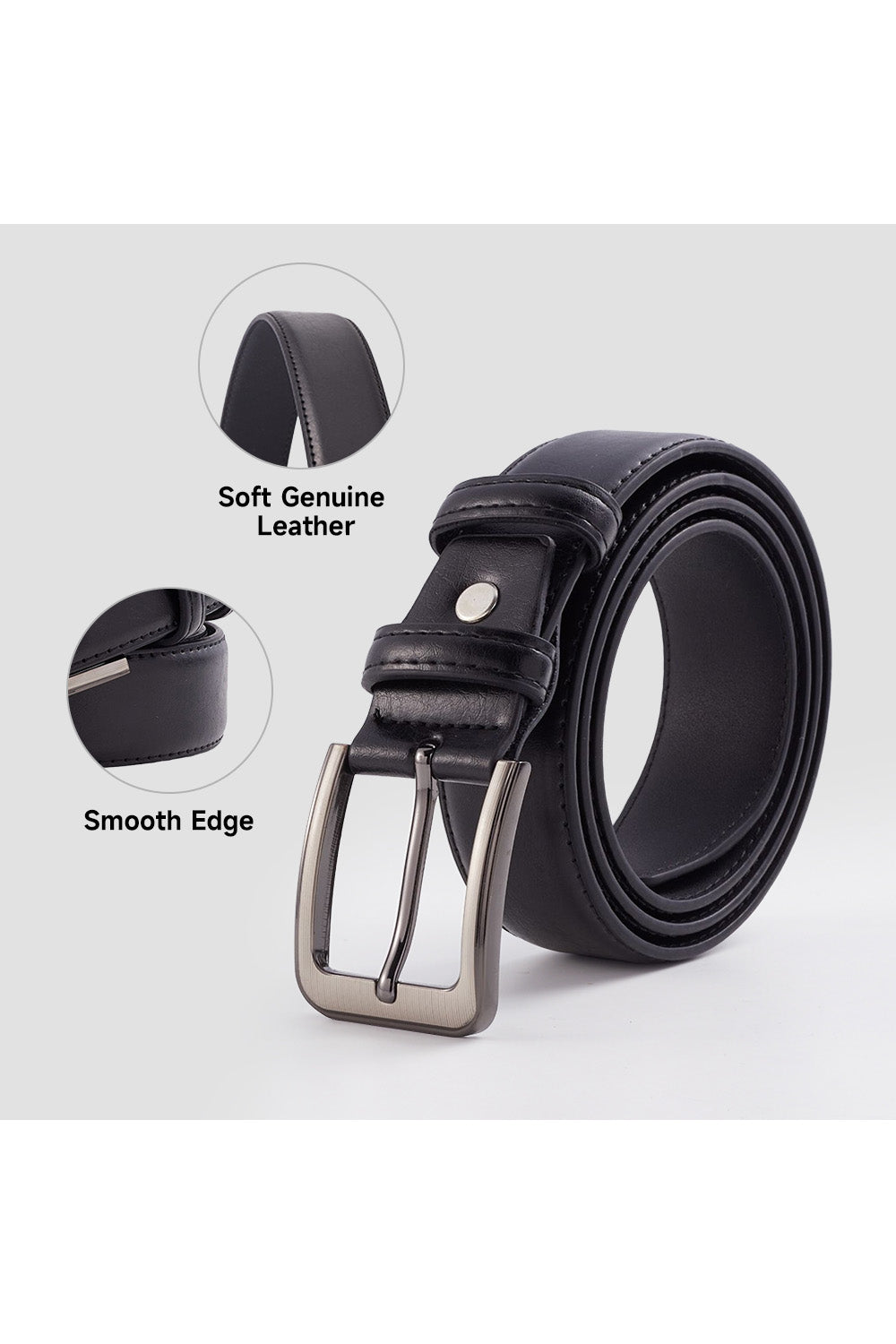 Cowhide Leather Belt with Pin Buckle in Black