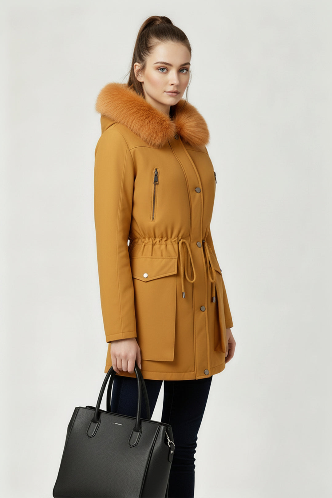 Versatile minimalist puffer coat with hood and fur collar