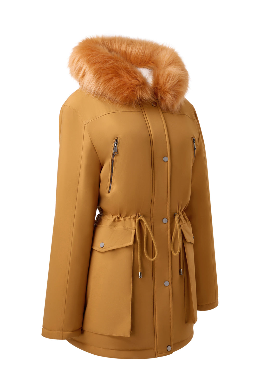 Versatile minimalist puffer coat with hood and fur collar