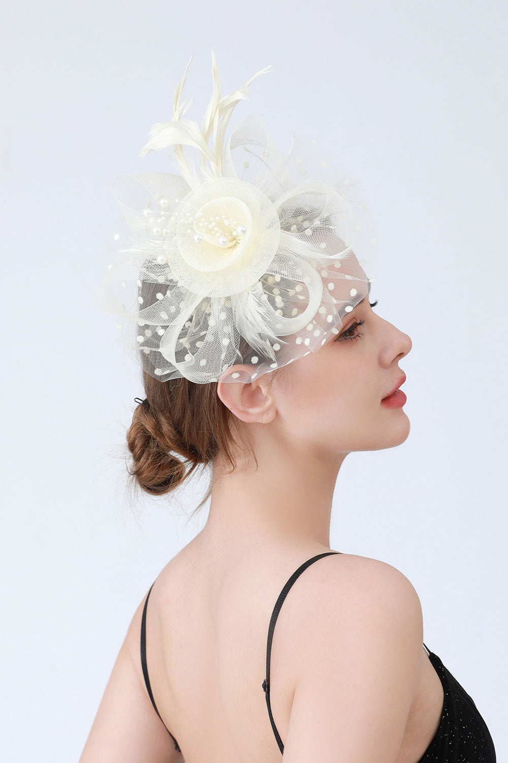 Dual - use Headband & Barrette with Netting, Flower and Feather Designs