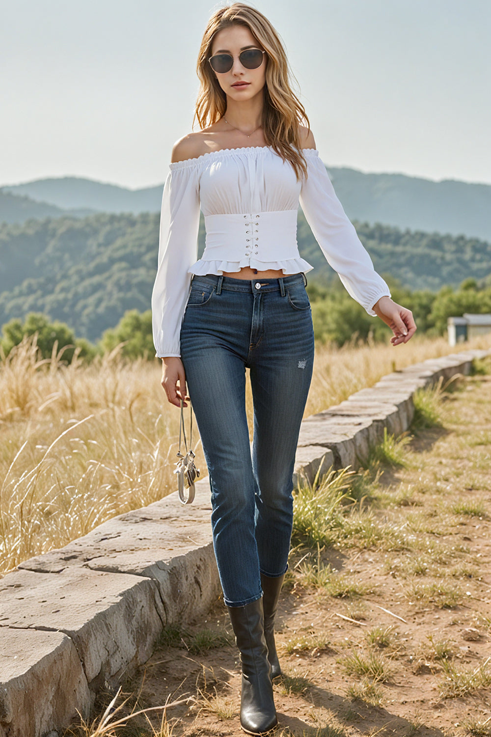 Long-sleeved Off-the-shoulder Blouse with a Cinched Waist and Short Length