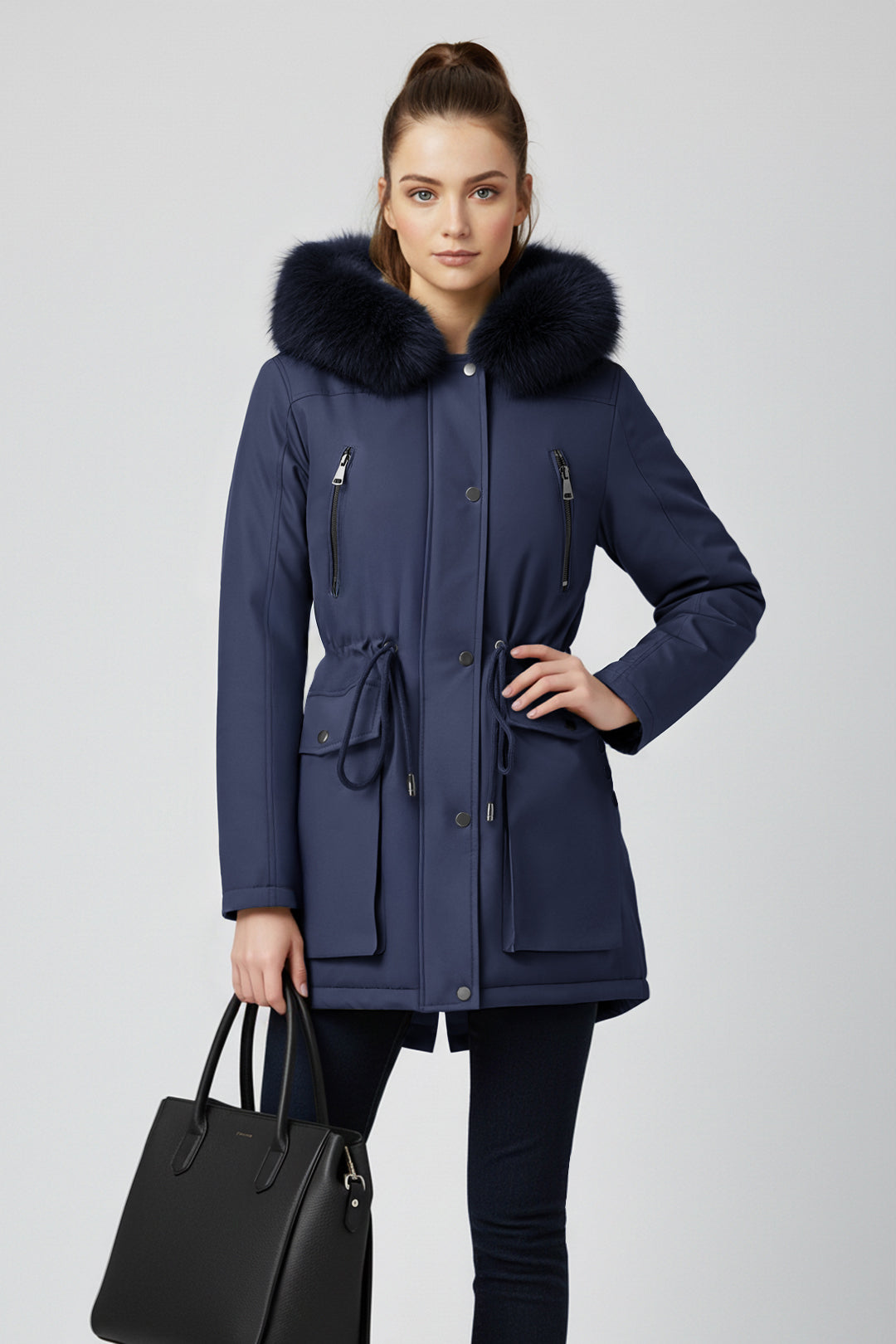 Versatile minimalist puffer coat with hood and fur collar