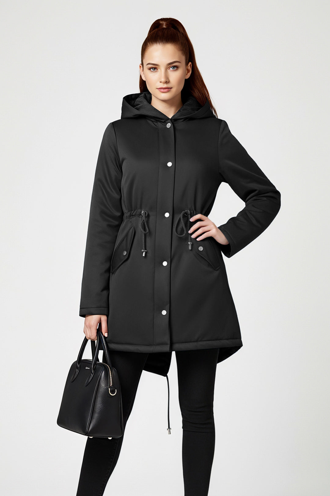 Midi warm puffer coat with nipped waist and tie belt