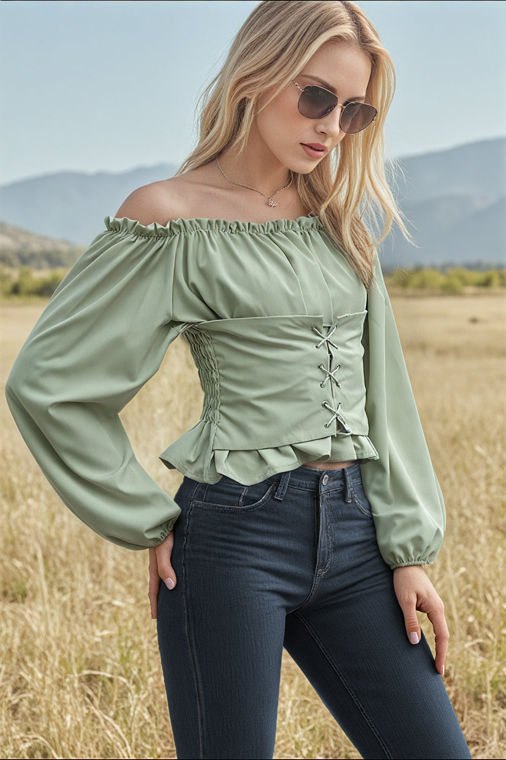 Long-sleeved Off-the-shoulder Blouse with a Cinched Waist and Short Length