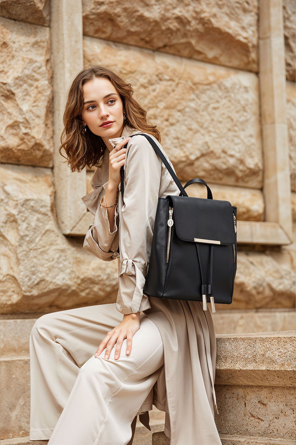 Black College-style Backpacks Made of PU Leather