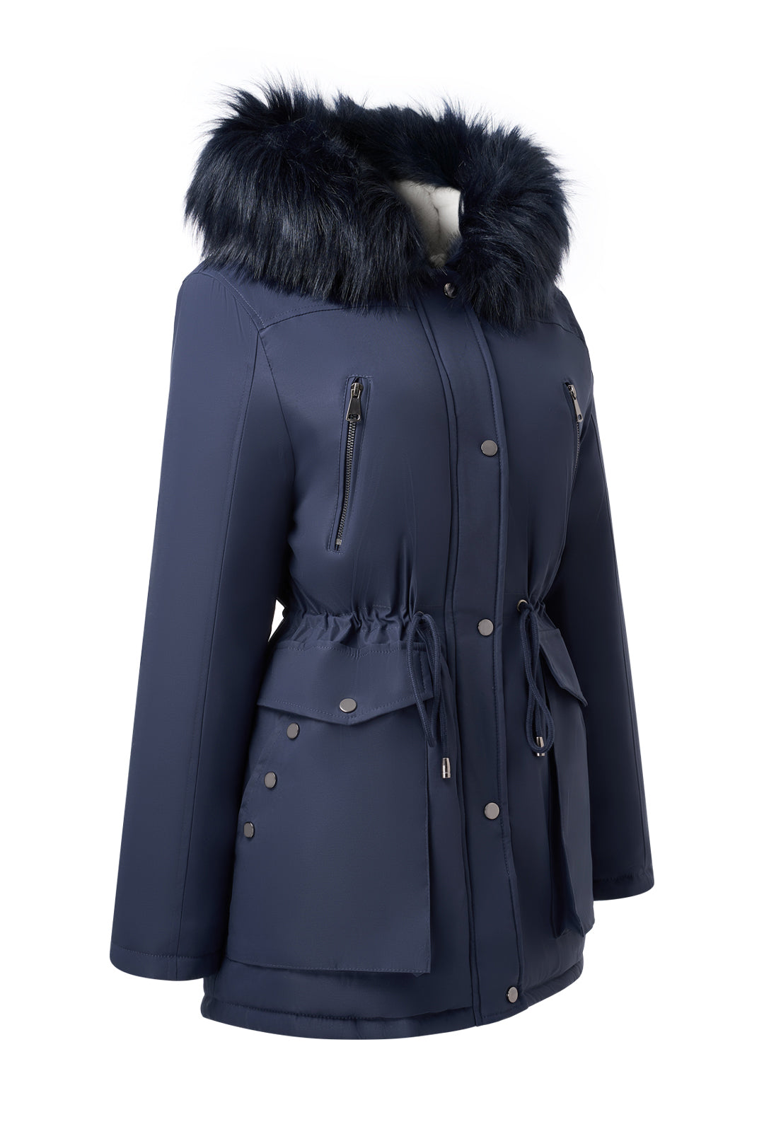 Versatile minimalist puffer coat with hood and fur collar