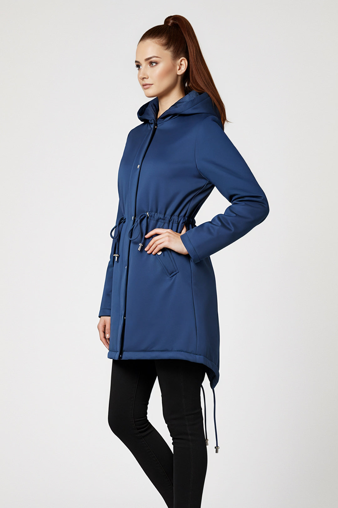 Midi warm puffer coat with nipped waist and tie belt