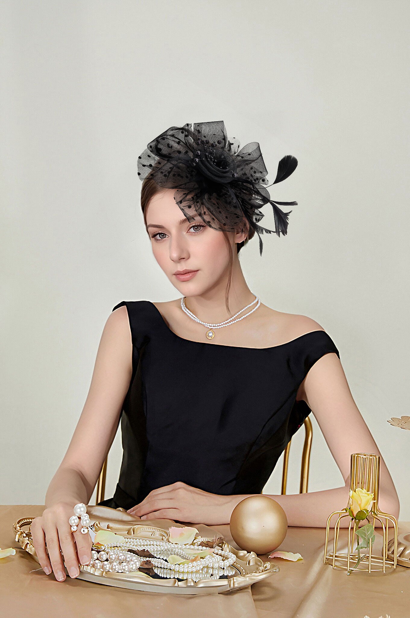 Dual - use Headband & Barrette with Netting, Flower and Feather Designs