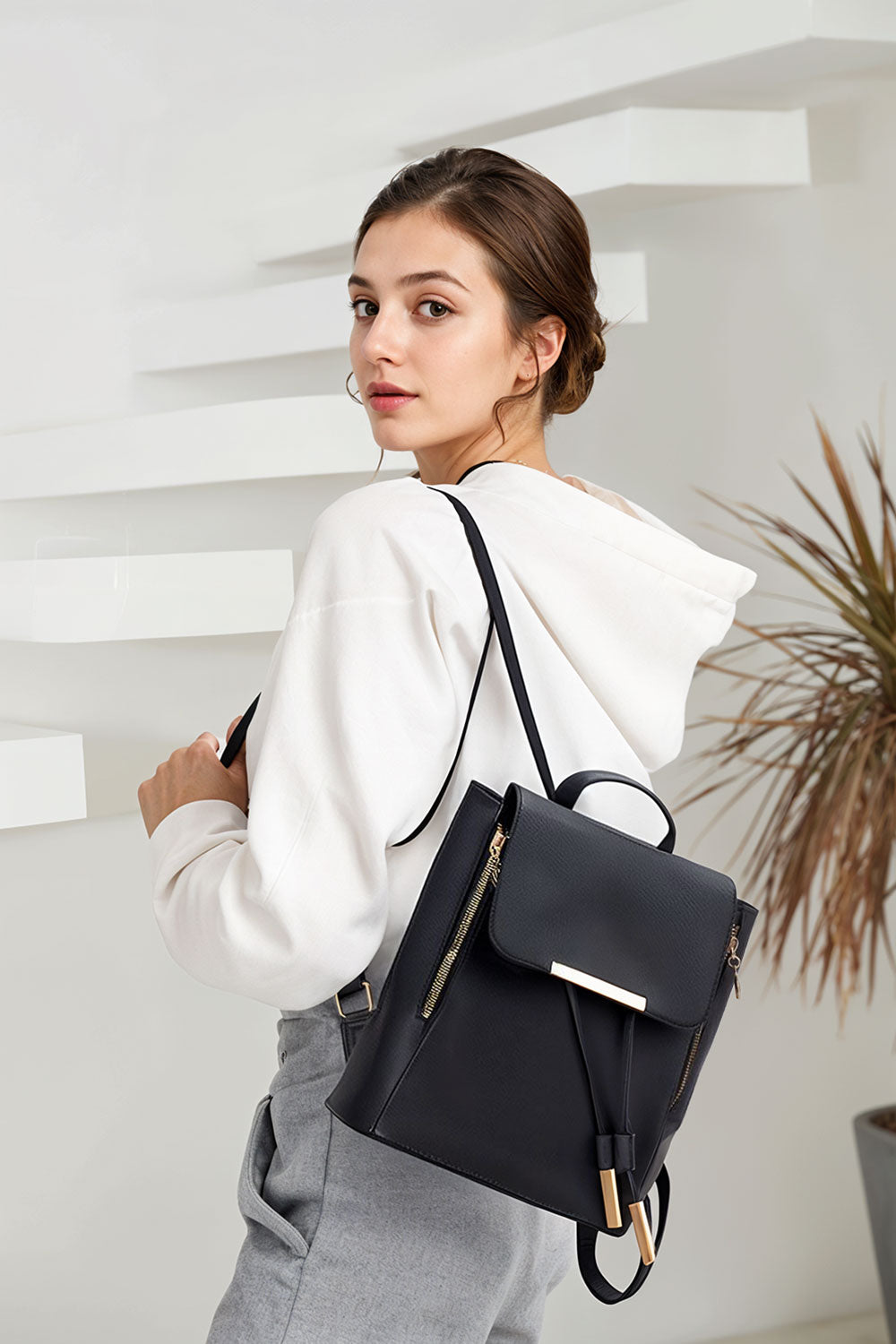 Black College-style Backpacks Made of PU Leather