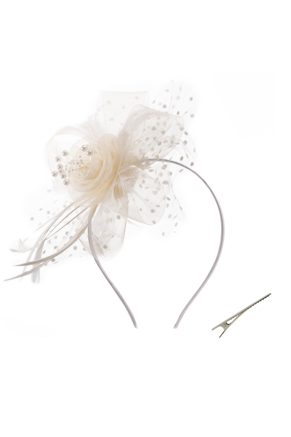 Dual - use Headband & Barrette with Netting, Flower and Feather Designs