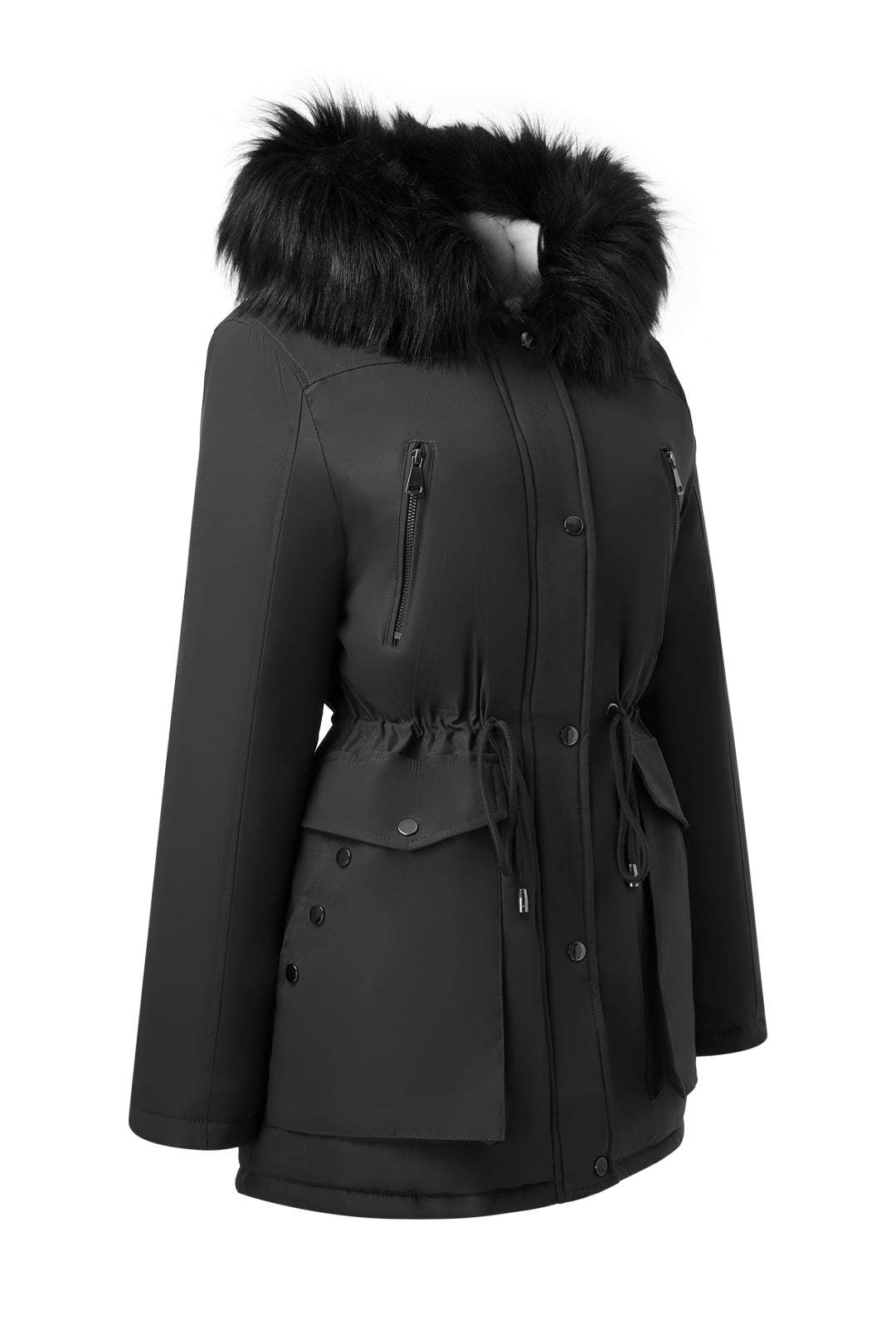 Versatile minimalist puffer coat with hood and fur collar