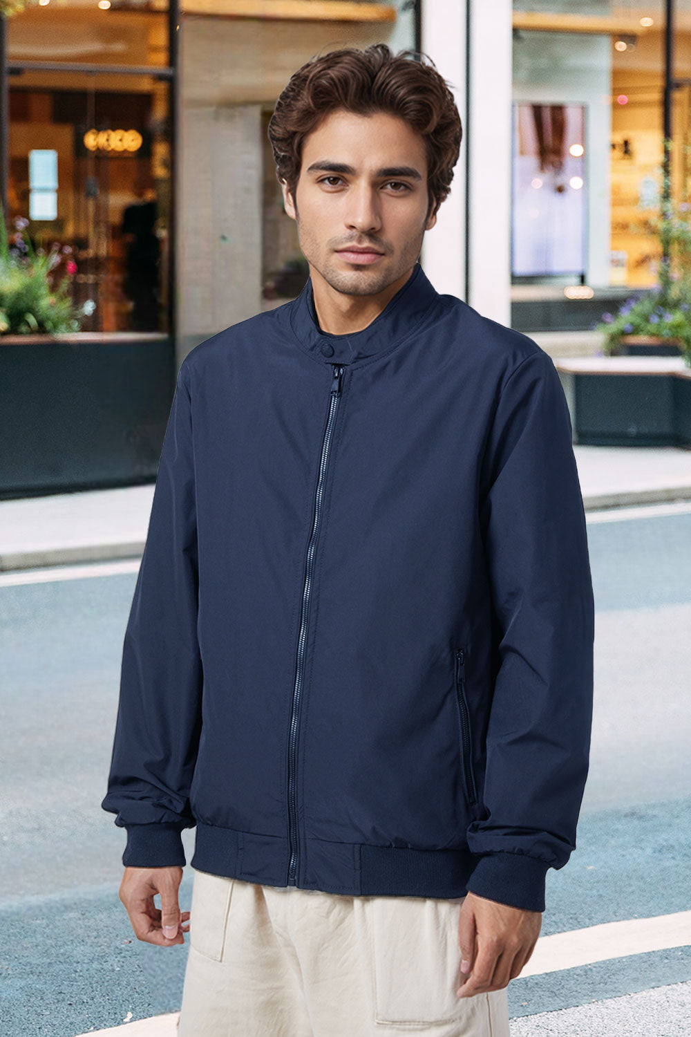 Bomber Jacket with Zipper and Windproof Design