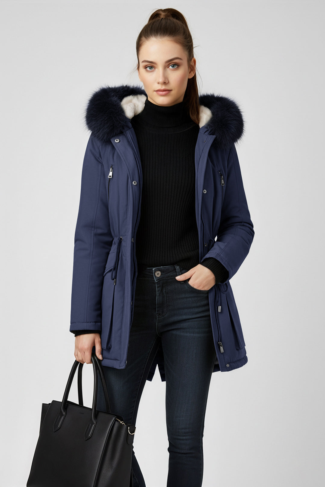 Versatile minimalist puffer coat with hood and fur collar