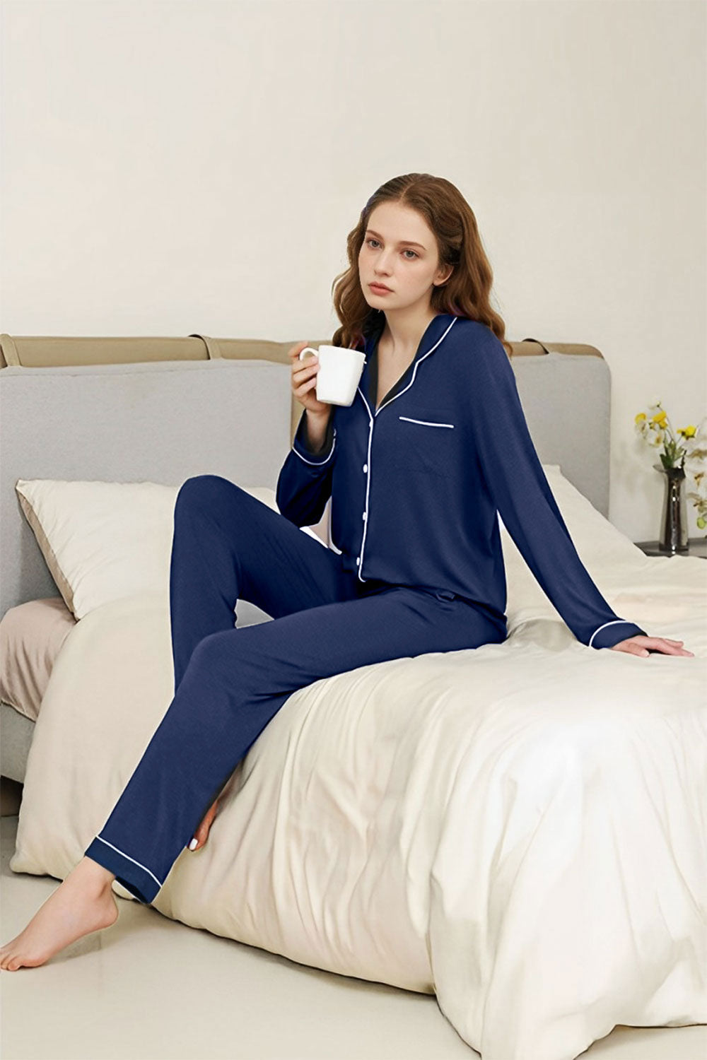 Long - Sleeved Top and Trousers Pajama Set with Open - Collar and Button - Front Design