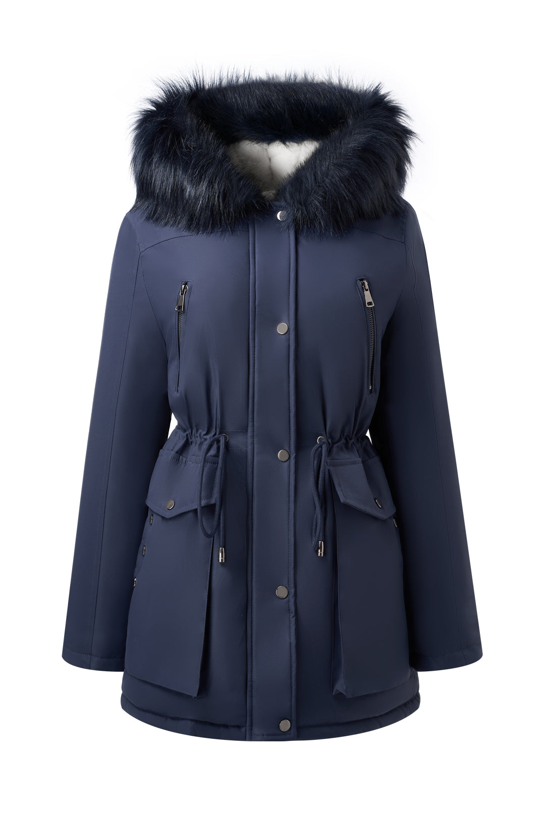 Versatile minimalist puffer coat with hood and fur collar