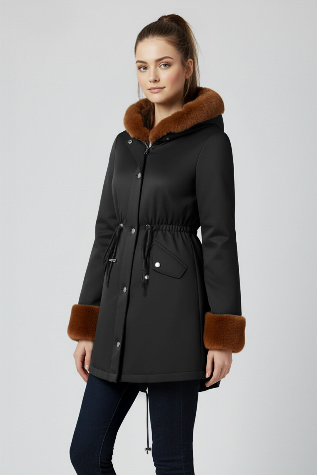 Midi Fur Collar Nipped Waist Warm Puffer Coat