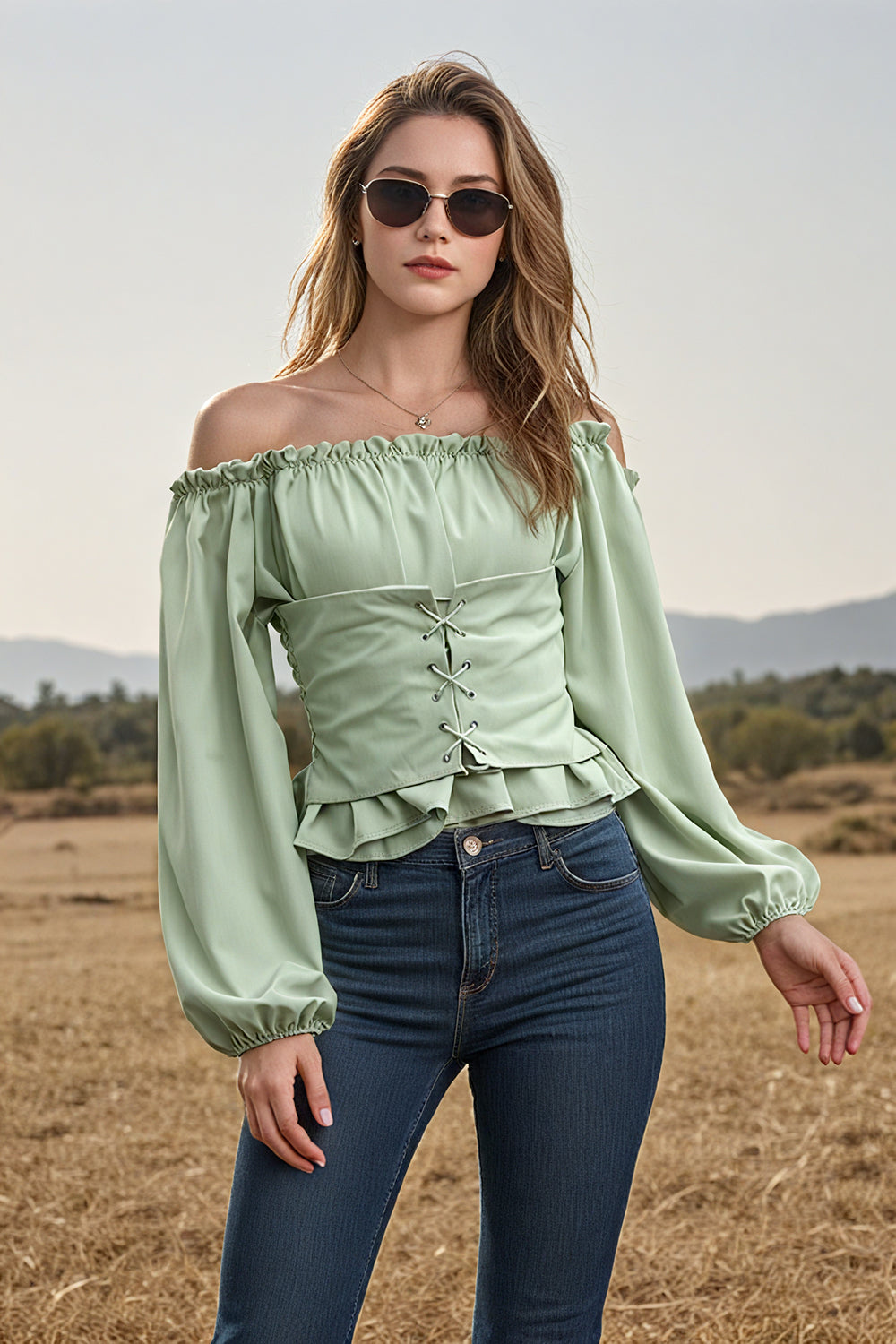 Long-sleeved Off-the-shoulder Blouse with a Cinched Waist and Short Length