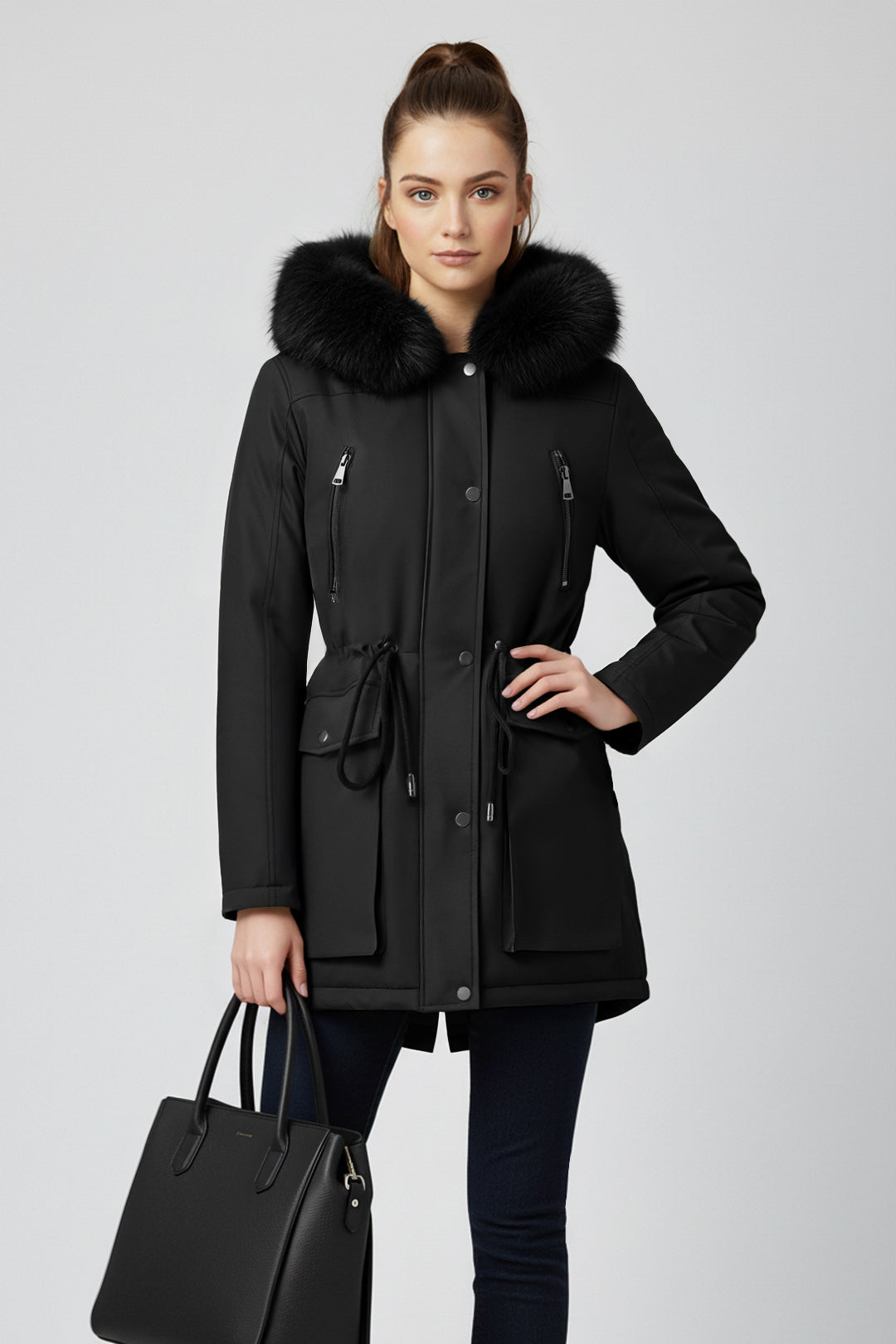 Versatile minimalist puffer coat with hood and fur collar