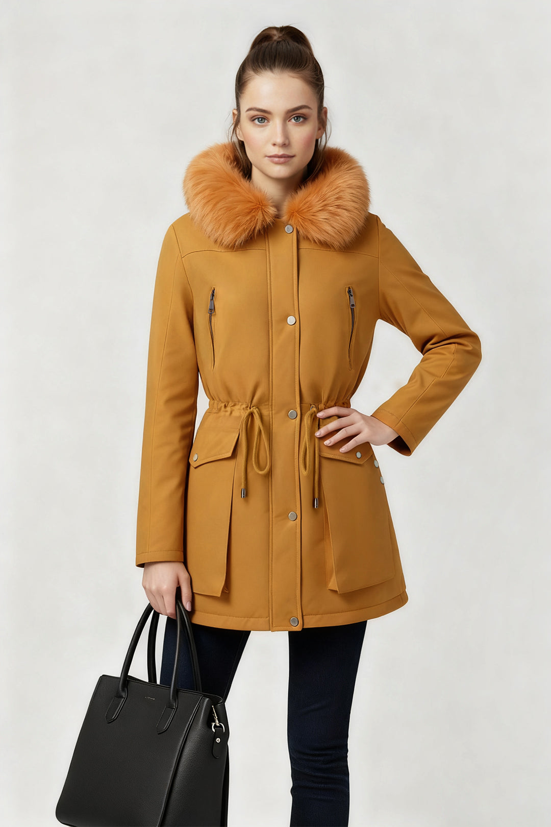 Versatile minimalist puffer coat with hood and fur collar