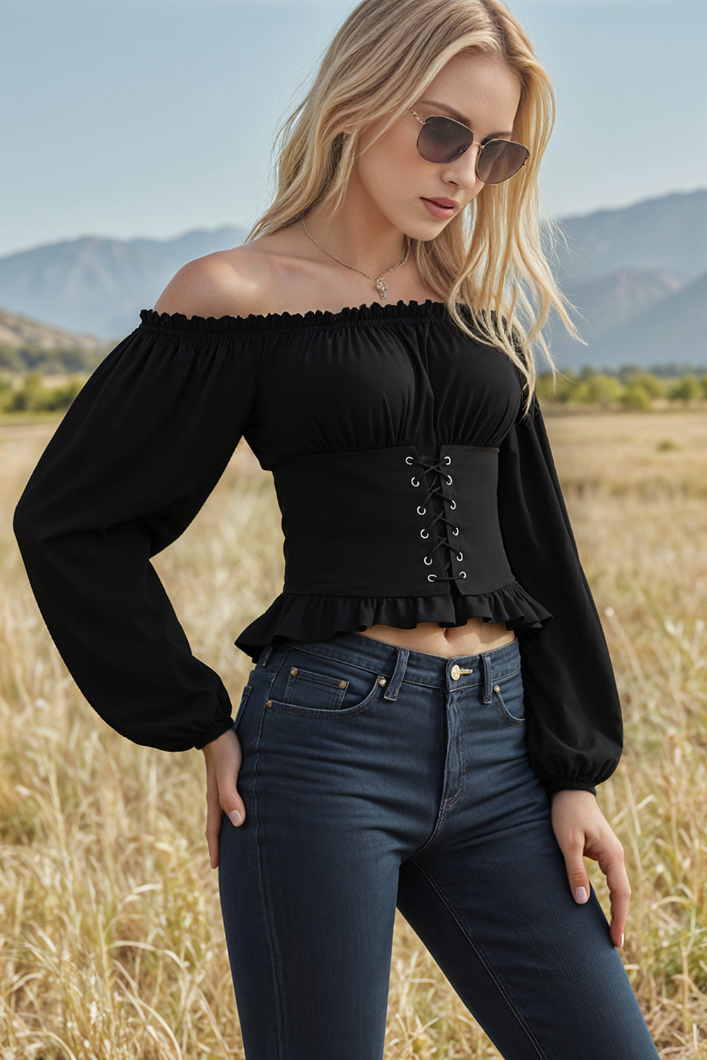 Long-sleeved Off-the-shoulder Blouse with a Cinched Waist and Short Length