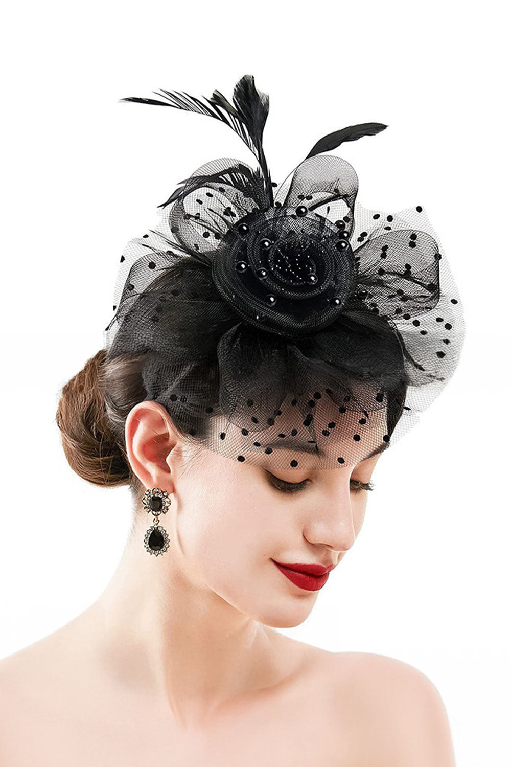 Dual - use Headband & Barrette with Netting, Flower and Feather Designs