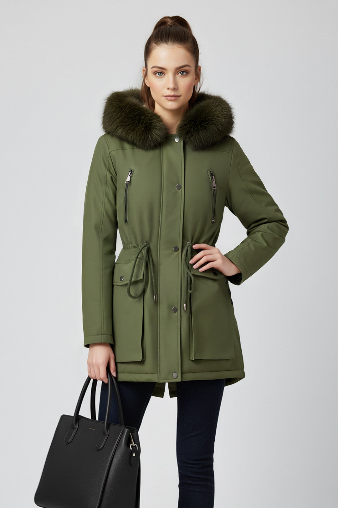 Versatile minimalist puffer coat with hood and fur collar