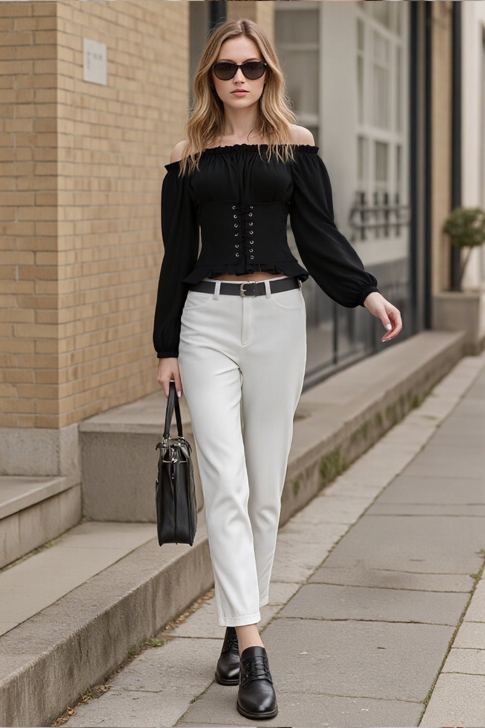 Long-sleeved Off-the-shoulder Blouse with a Cinched Waist and Short Length