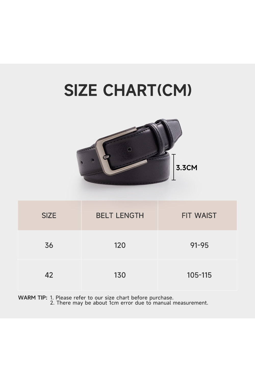 Cowhide Leather Belt with Pin Buckle in Black