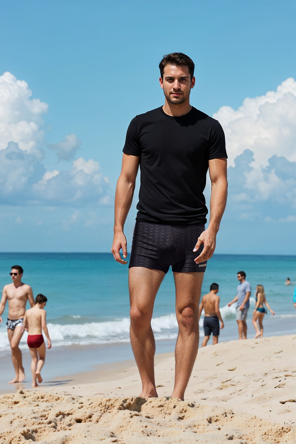 Men's Boxer Swim Shorts with Black Sharkskin Print