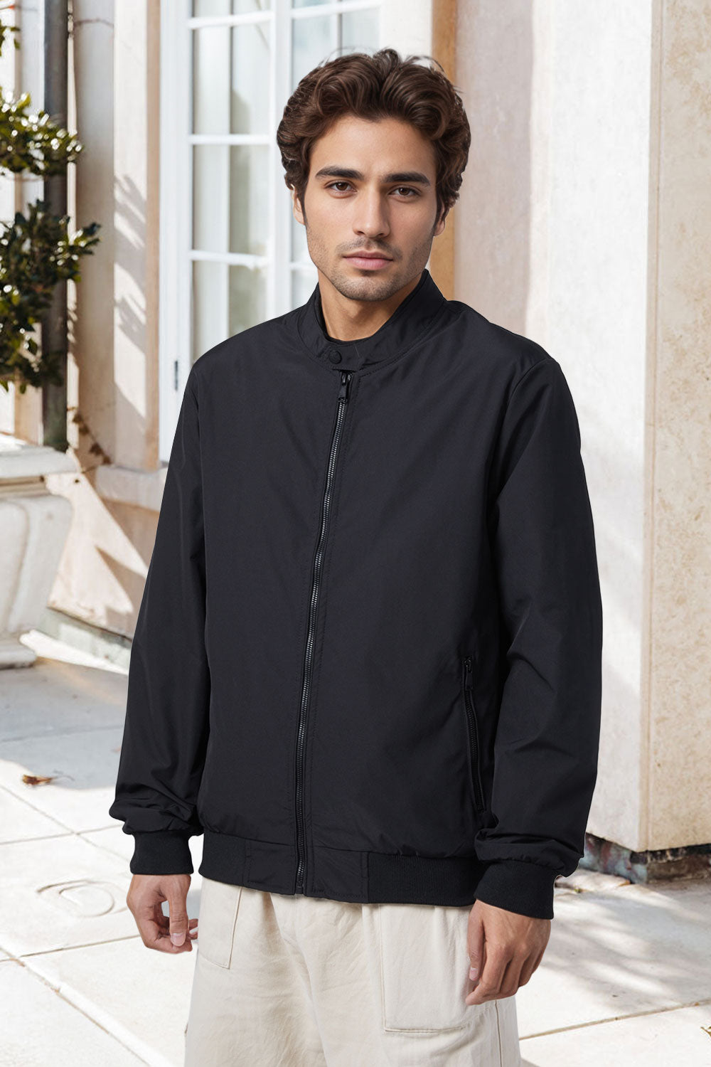 Bomber Jacket with Zipper and Windproof Design