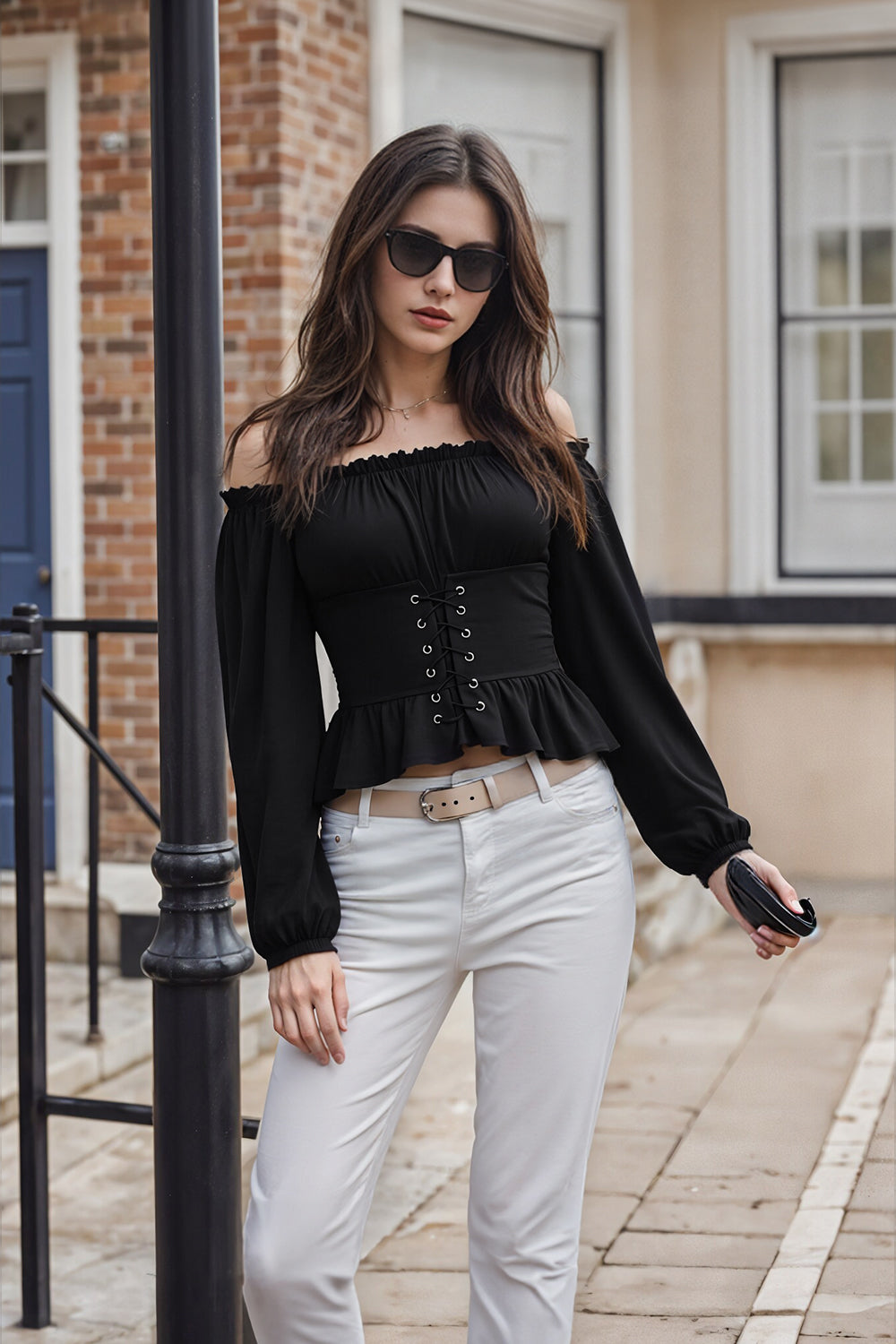 Long-sleeved Off-the-shoulder Blouse with a Cinched Waist and Short Length