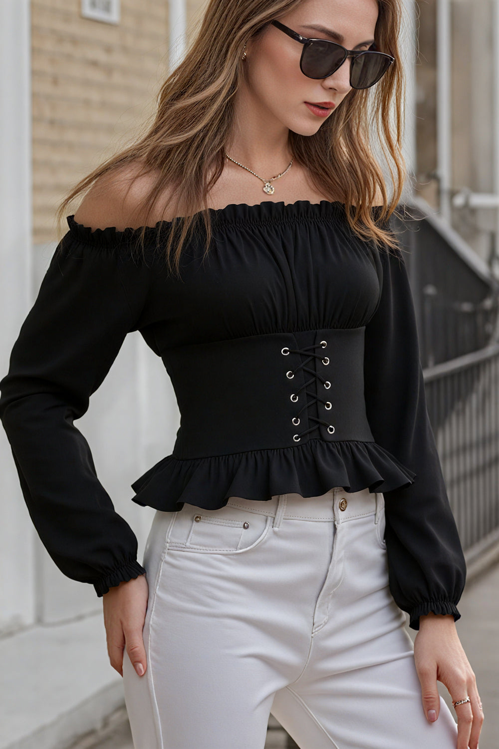 Long-sleeved Off-the-shoulder Blouse with a Cinched Waist and Short Length