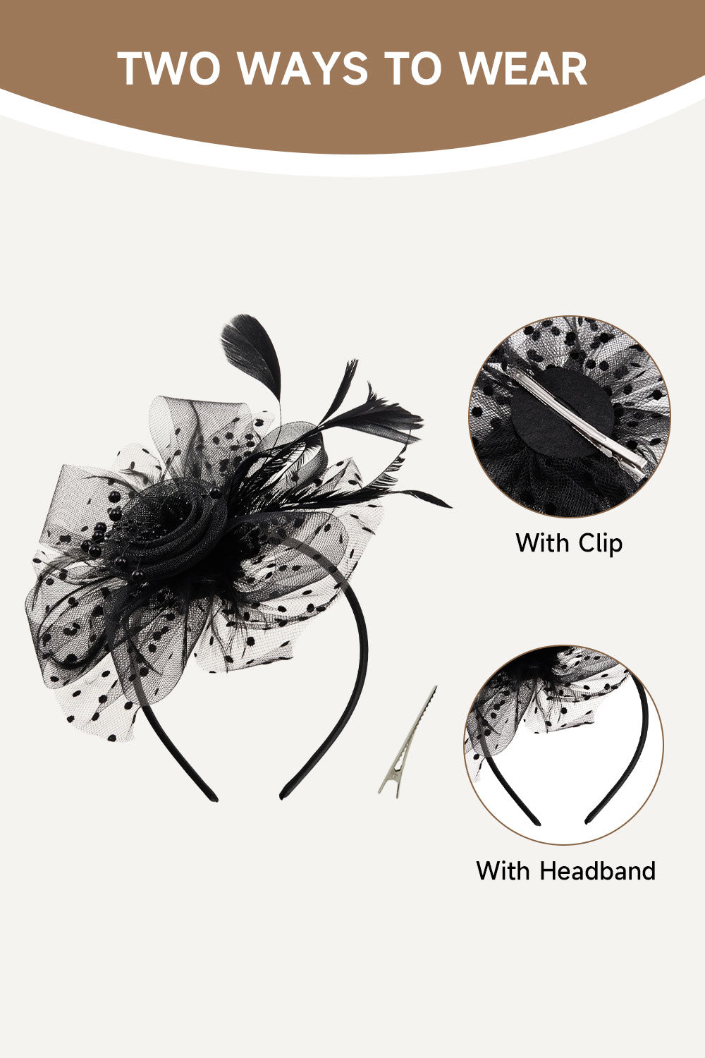 Dual - use Headband & Barrette with Netting, Flower and Feather Designs