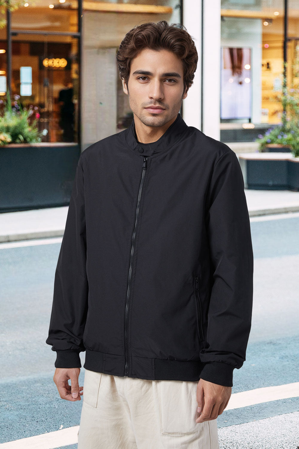 Bomber Jacket with Zipper and Windproof Design