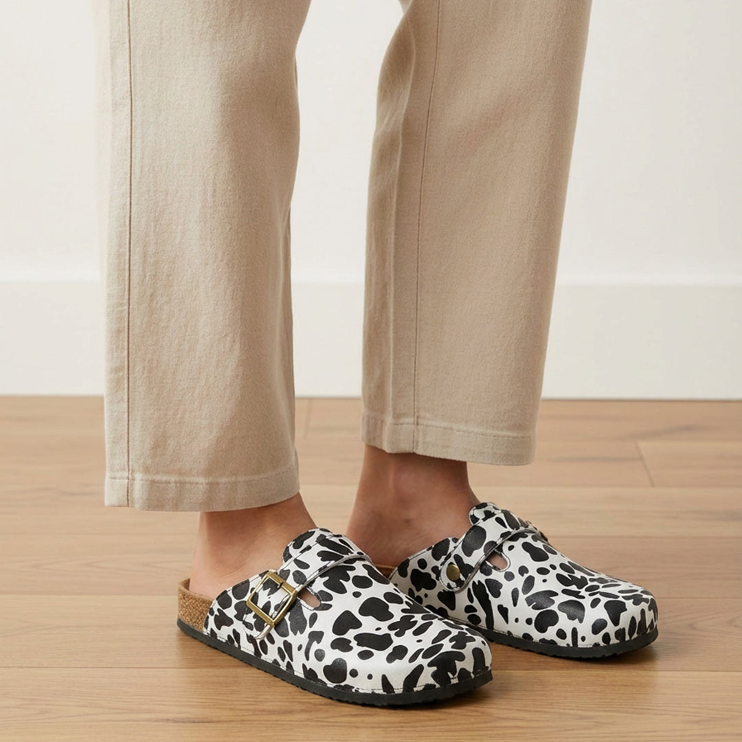 Cow Print Pattern Mules Sandals with Adjustable Metal Buckle