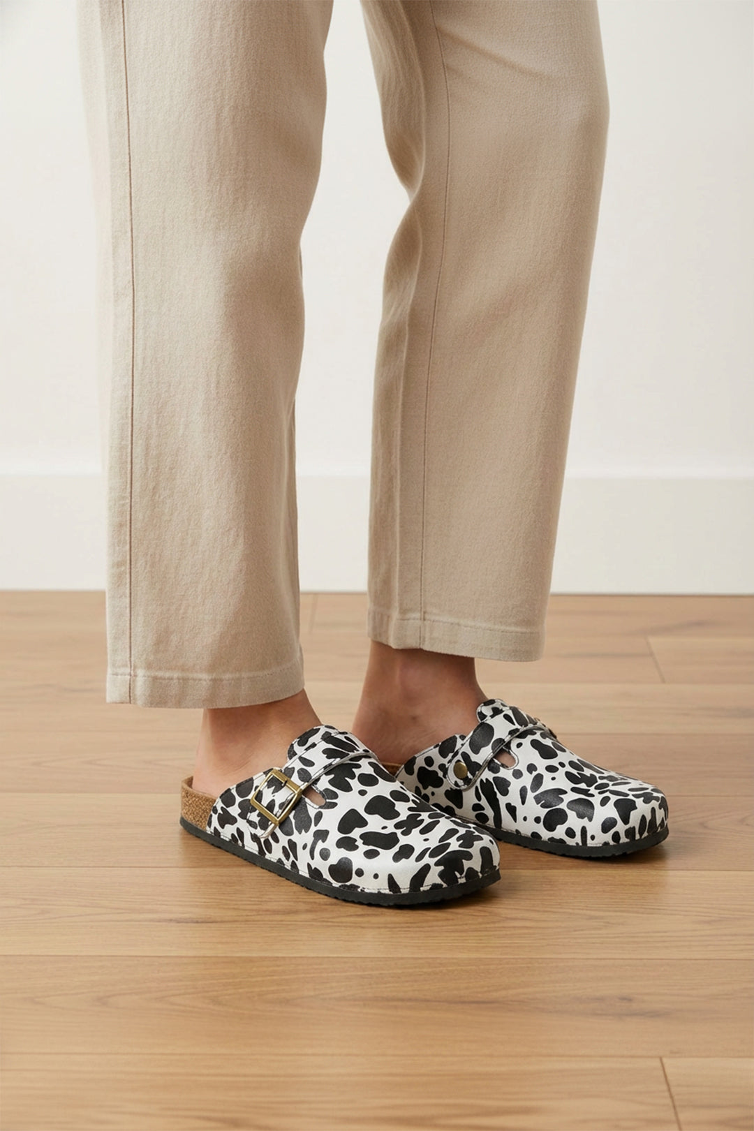 Cow Print Pattern Mules Sandals with Adjustable Metal Buckle