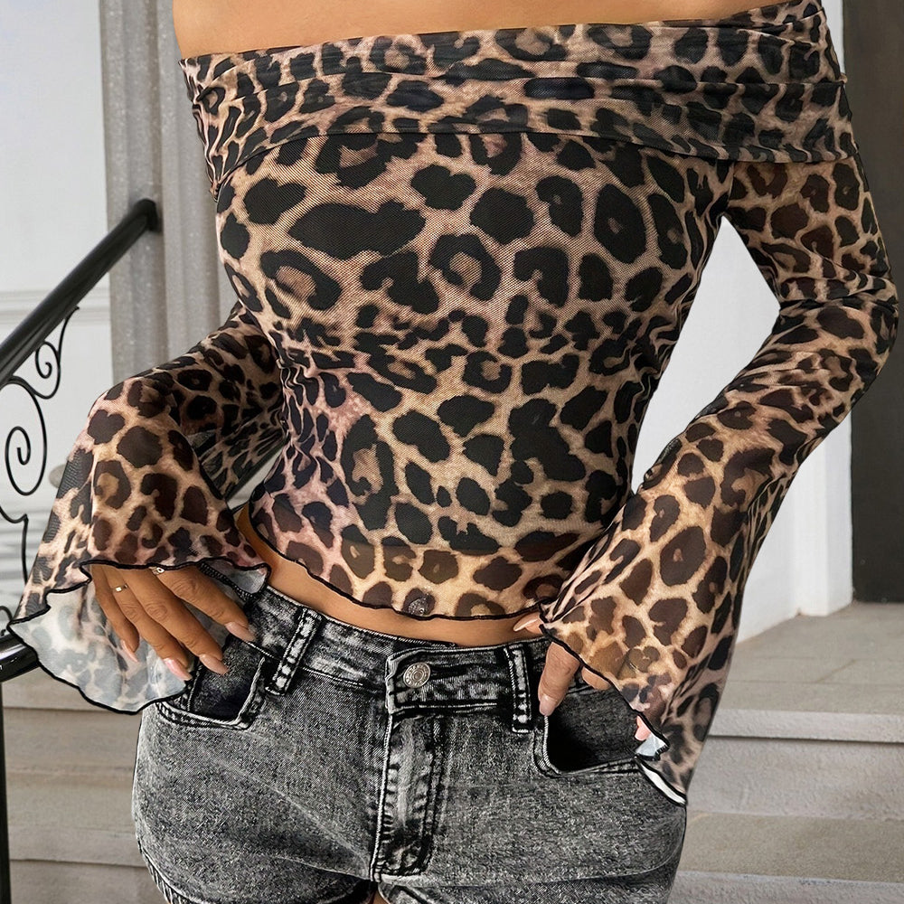Leopard Print Off-Shoulder Flared Sleeve Crop Top