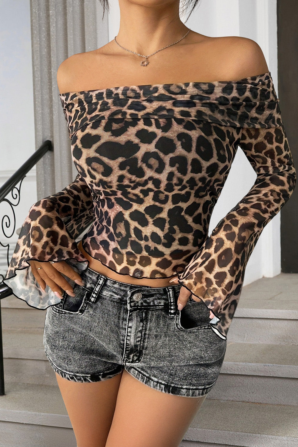 Leopard Print Off-Shoulder Flared Sleeve Crop Top