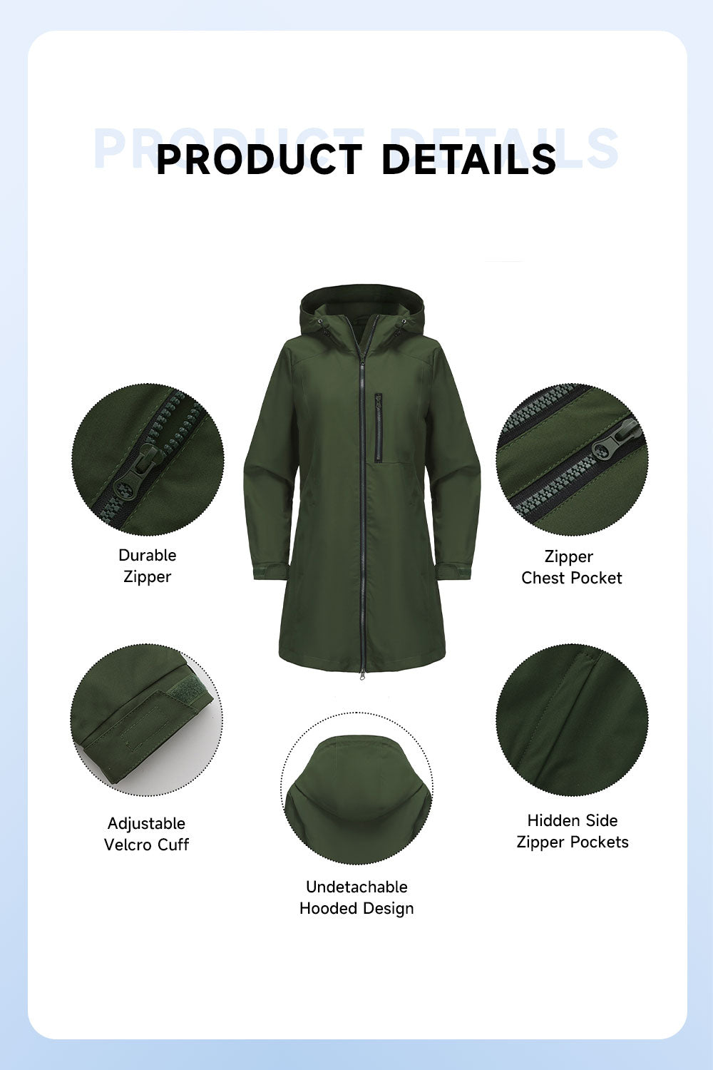 Windproof Trench Coat with Detachable Hood