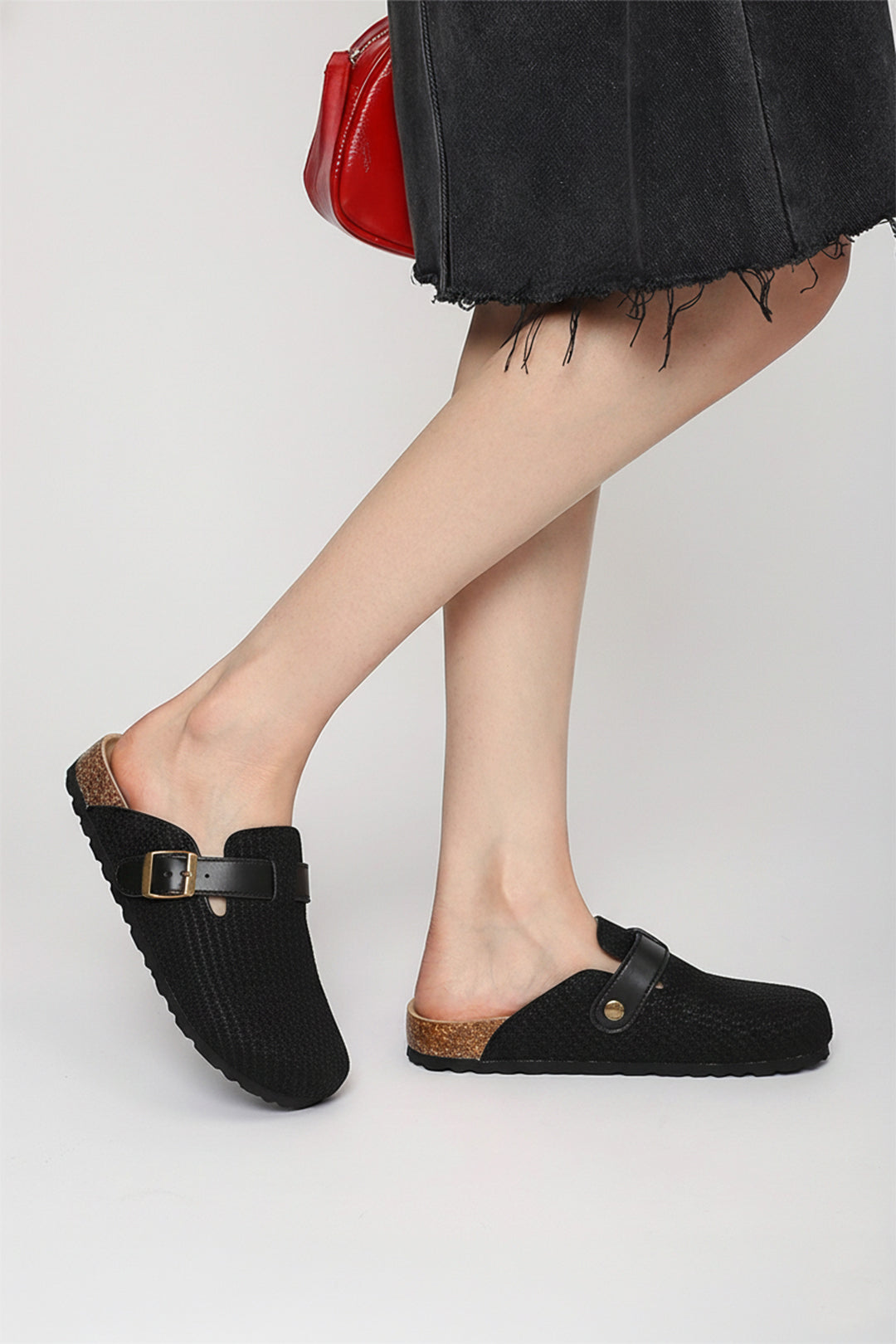 Woven Plush Fabric Mules with adjustable buckle