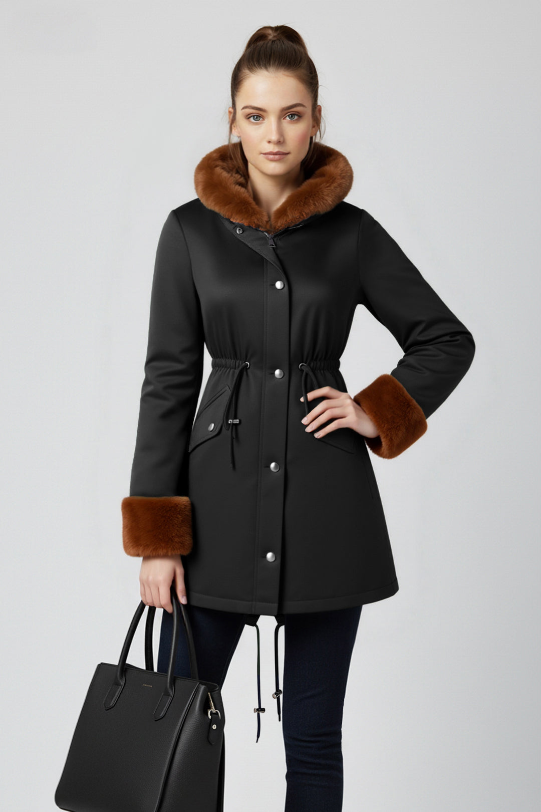 Midi fur collar nipped waist warm puffer coat #oran_Black