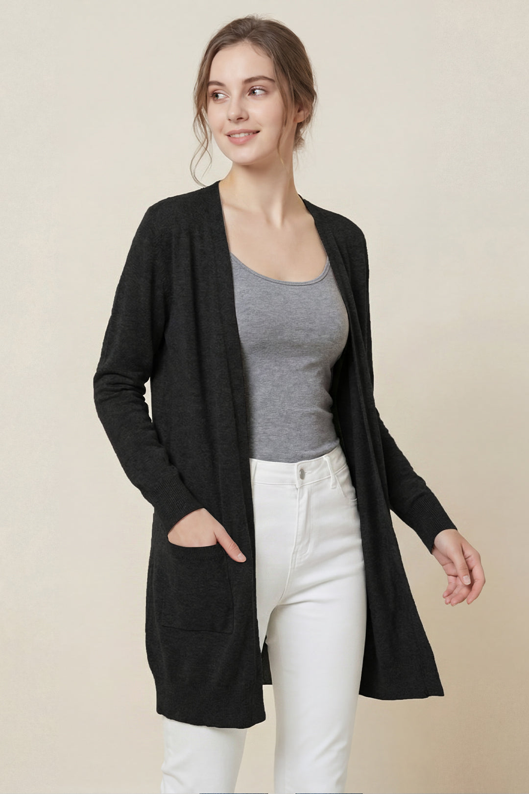 Knit Open Front Cardigan #oran_Black