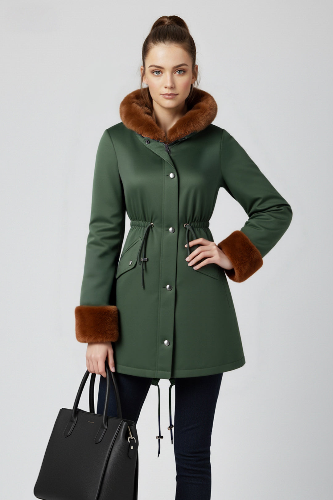 Midi Fur Collar Nipped Waist Warm Puffer Coat