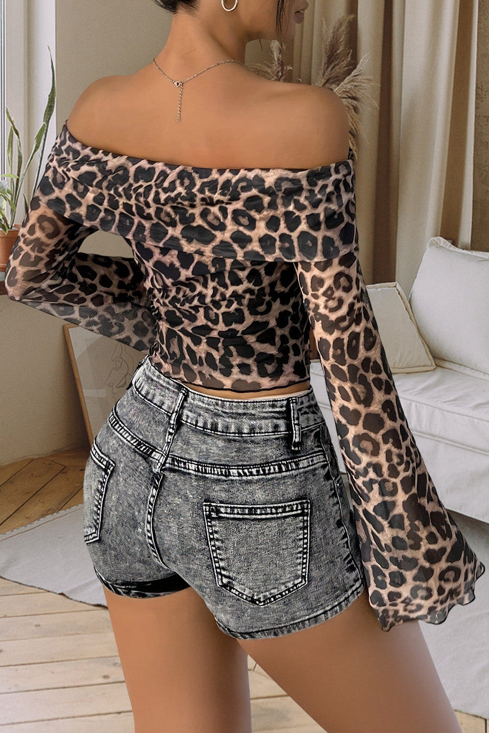 Leopard Print Off-Shoulder Flared Sleeve Crop Top