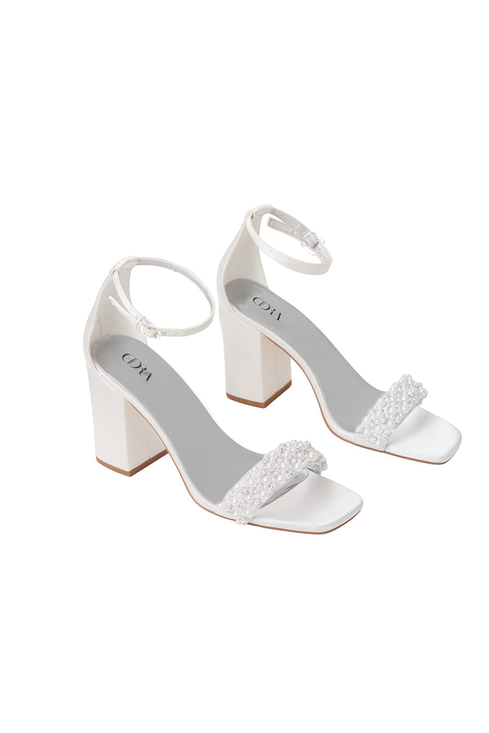 Pearl-Embellished Two-Part Block High Heel Sandals